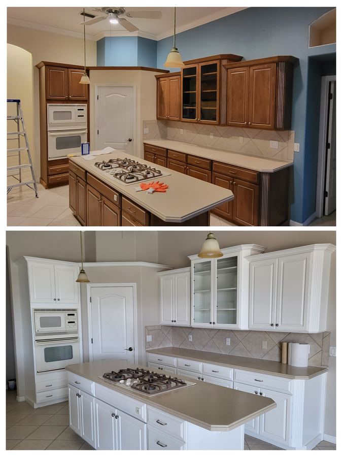 Kitchen cabinets before and after painting white, by GOGO Painting