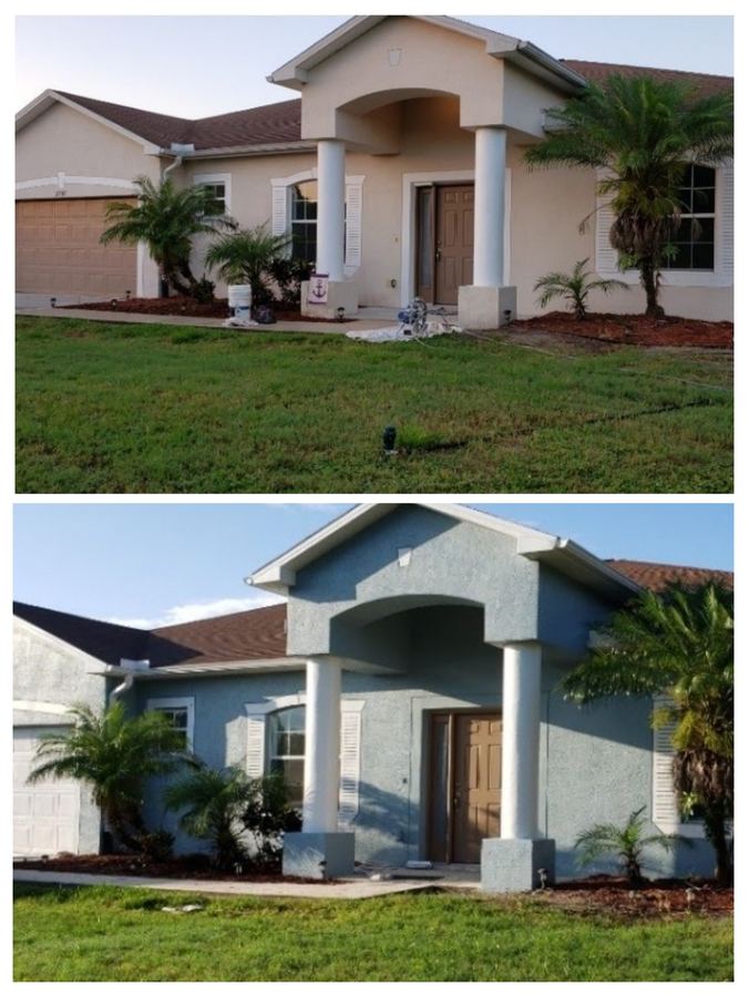 Exterior house repaint before and after, beige to blue, GOGO Painting