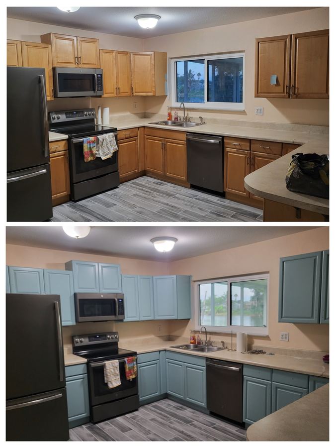 Kitchen cabinets painted blue, before and after, GOGO Painting